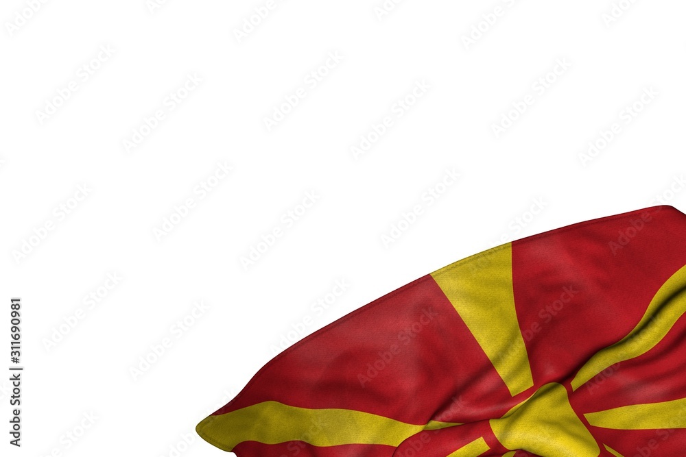 wonderful Macedonia flag with big folds lying flat in bottom right corner isolated on white - any occasion flag 3d illustration.. wonderful Macedonia flag with big folds lying flat in bottom right corner isolated on white - any occasion flag 3d illustration..