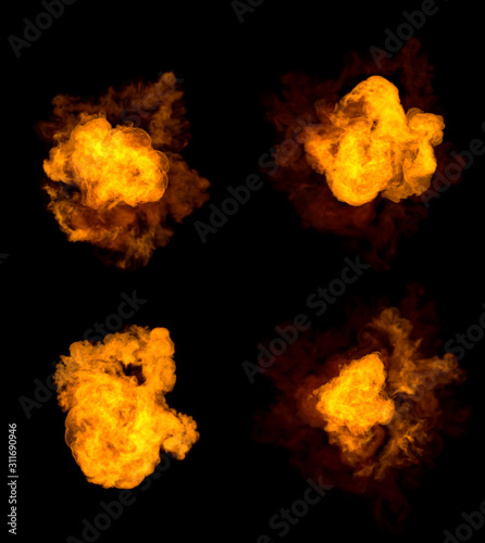 4 different pictures of fire explosion - very high resolution bomb blast concept isolated on black, 3D illustration of objects