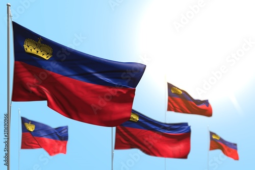 wonderful 5 flags of Liechtenstein are wave against blue sky illustration with soft focus - any celebration flag 3d illustration..
