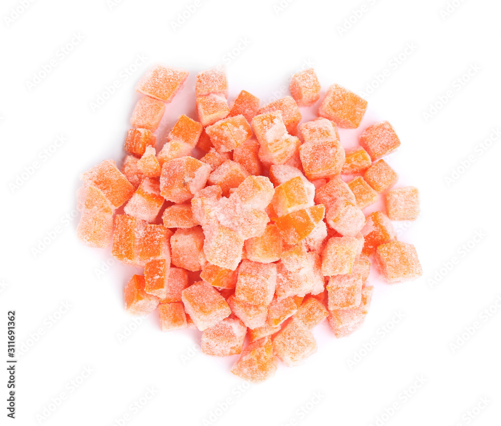 Pile of frozen carrots isolated on white, top view. Vegetable preservation Pile of frozen carrots isolated on white, top view. Vegetable preservation