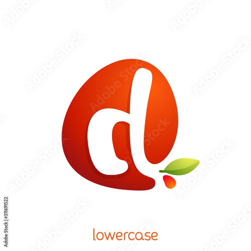 Lowercase letter d logo in fresh juice splash with green leaf.