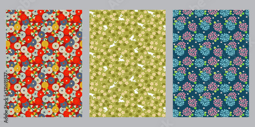 Japanese Red and Gold Floral, Green Cherry Blossom, Hydrangea abstract vector background