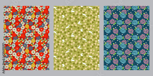 Japanese Red and Gold Floral, Green Cherry Blossom, Hydrangea abstract vector background