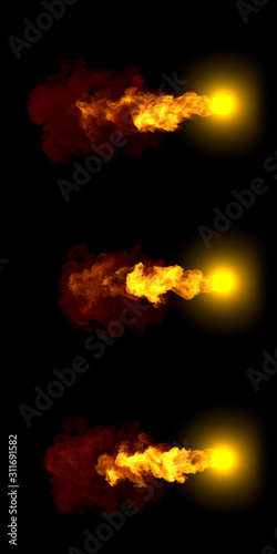 3 various pictures of flying fireball - high detail fireball concept isolated on black, 3D illustration of objects