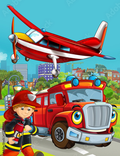 cartoon scene with fireman vehicle on the road driving through the city and plane flying over and fireman standing near - illustration for children