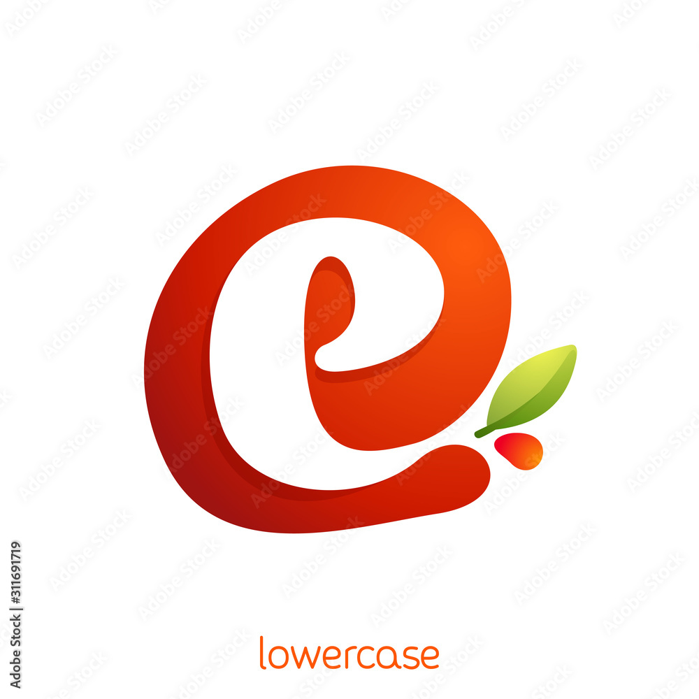 Lowercase letter e logo in fresh juice splash with green leaf. Lowercase letter e logo in fresh juice splash with green leaf.