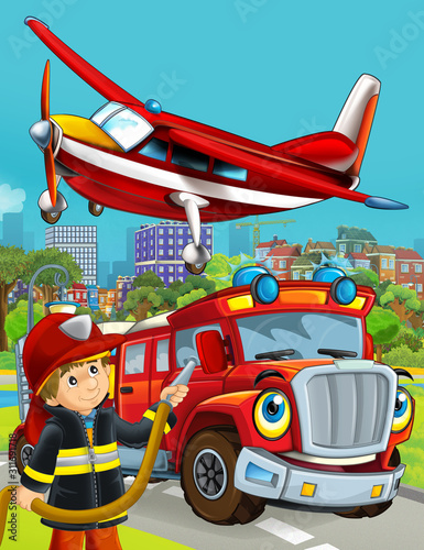 cartoon scene with fireman vehicle on the road driving through the city and plane flying over and fireman standing near - illustration for children