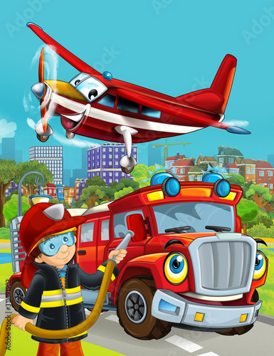 cartoon scene with fireman vehicle on the road driving through the city and plane flying over and fireman standing near - illustration for children