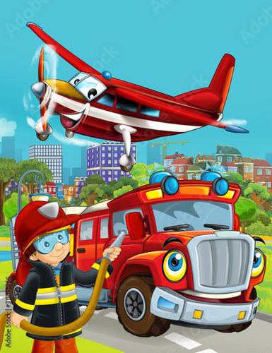 cartoon scene with fireman vehicle on the road driving through the city and plane flying over and fireman standing near - illustration for children