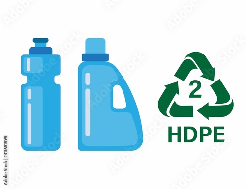 HDPE 2 with plastic bottle and product package high density polyethylene bottles with recycle triangle arrow sign in flat style isolated on white background. Vector illustration of polythene products.