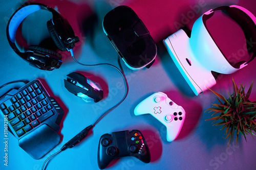 Keyboard, mouse, gamepad, virtual reality headset and headphones.