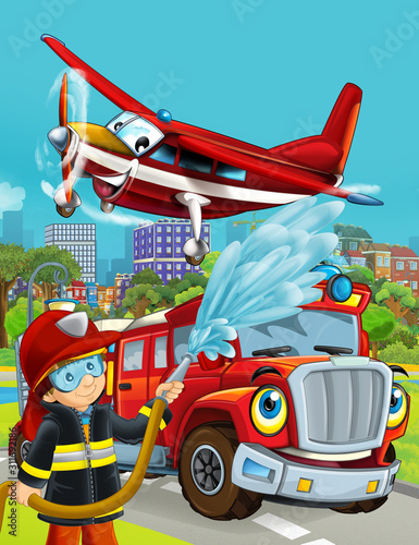 cartoon scene with fireman vehicle on the road driving through the city and plane flying over and fireman standing near - illustration for children