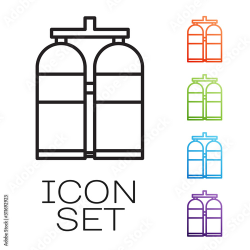 Black line Aqualung icon isolated on white background. Oxygen tank for diver. Diving equipment. Extreme sport. Diving underwater equipment. Set icons colorful. Vector Illustration