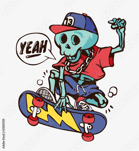cartoon skeleton on skateboard illustration