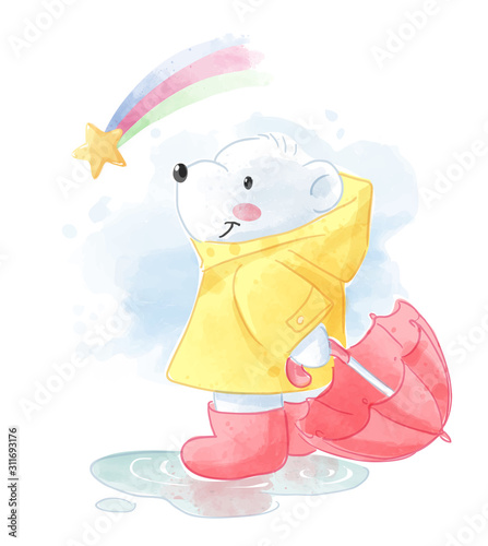 cartoon polar bear in raincoat and rainbow illustration