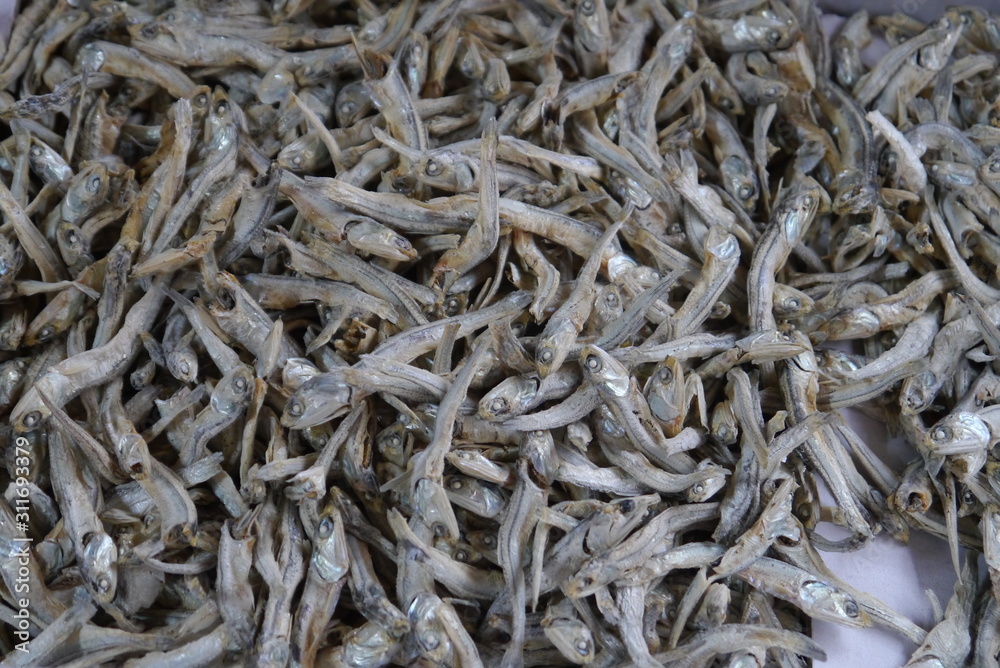closeup of dried fish on a asian market on Jeju Island, South Korea, Asia