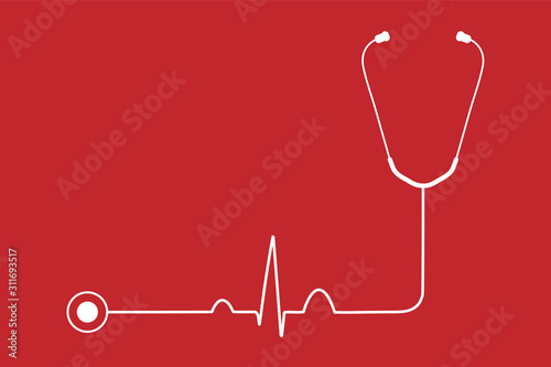 Simple shape stethoscope with normal heart beat line pattern isolated on red background.Medical equipment.Doctor device.Cardiac diagnosis tool.Pulse rate.Health care concept.Vector.Illustration.