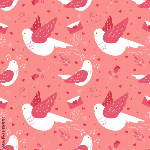 Seamless Valentine pattern with Dove  Rose  and Love Letter. Vector illustration.