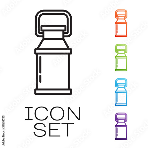 Black line Can container for milk icon isolated on white background. Set icons colorful. Vector Illustration