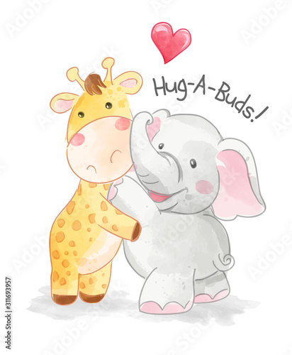 cute animal friends hug each others illustration