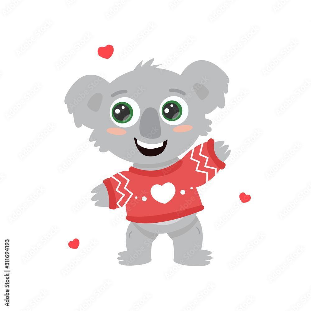 cute cheerful australian koala in a sweater with a heart, holiday valentines day. flat cartoon vector illustration