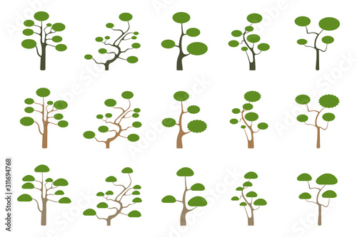 Tree flat icon style.Topiary tree collection set isolated on white background.Green leaf forest.Ecology concept.Design for clipart.Using for decorate your work.Vector.Illustration.