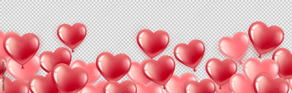 Happy valentines day. Gel balls-hearts red and pink. Horizontal banner with place for text. For happy birthday, International Women s Day. Isolated on a transparent background. Vector illustration