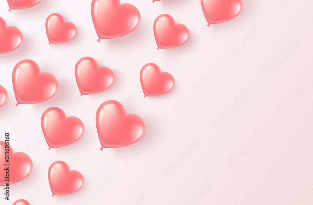 Happy Valentines Day. Flying gel pink balloons. Horizontal banner with place for text. For happy birthday, International Women s Day. Vector illustration
