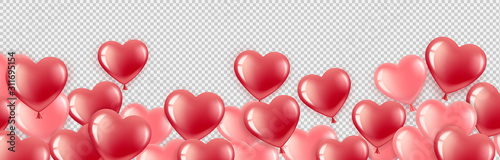 Happy valentines day. Gel balls-hearts red and pink. Horizontal banner with place for text. For happy birthday  International Women s Day. Isolated on a transparent background. Vector illustration