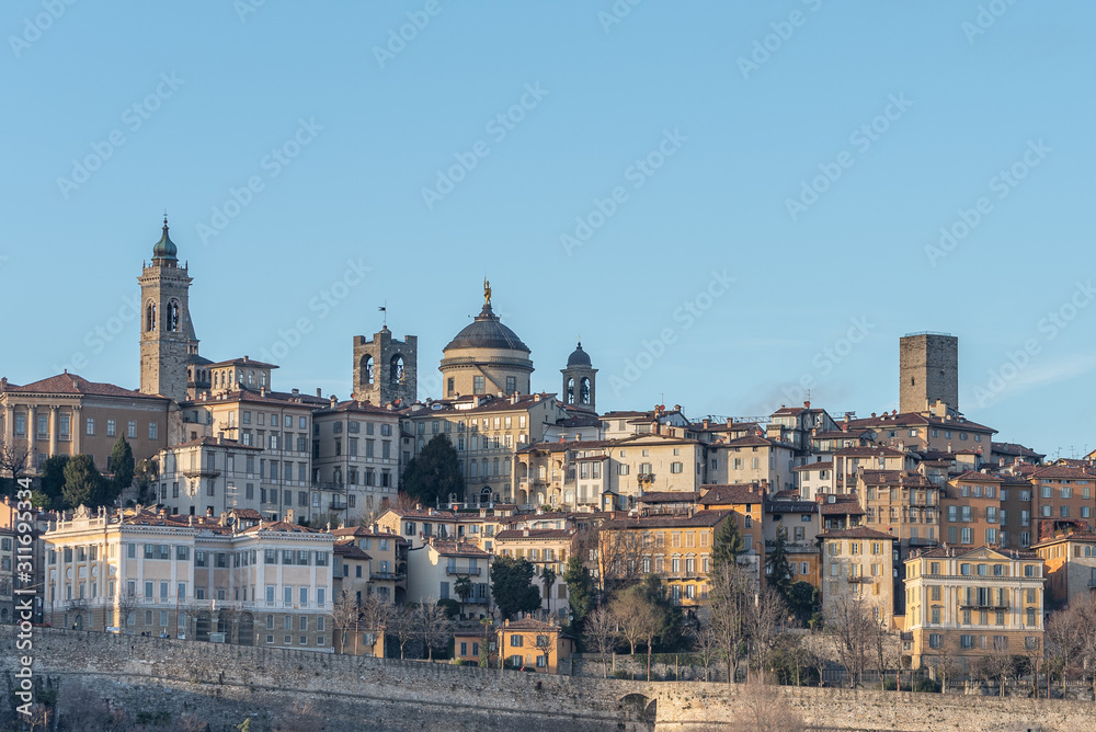 General view of some historic buildings in Bergamo Alta