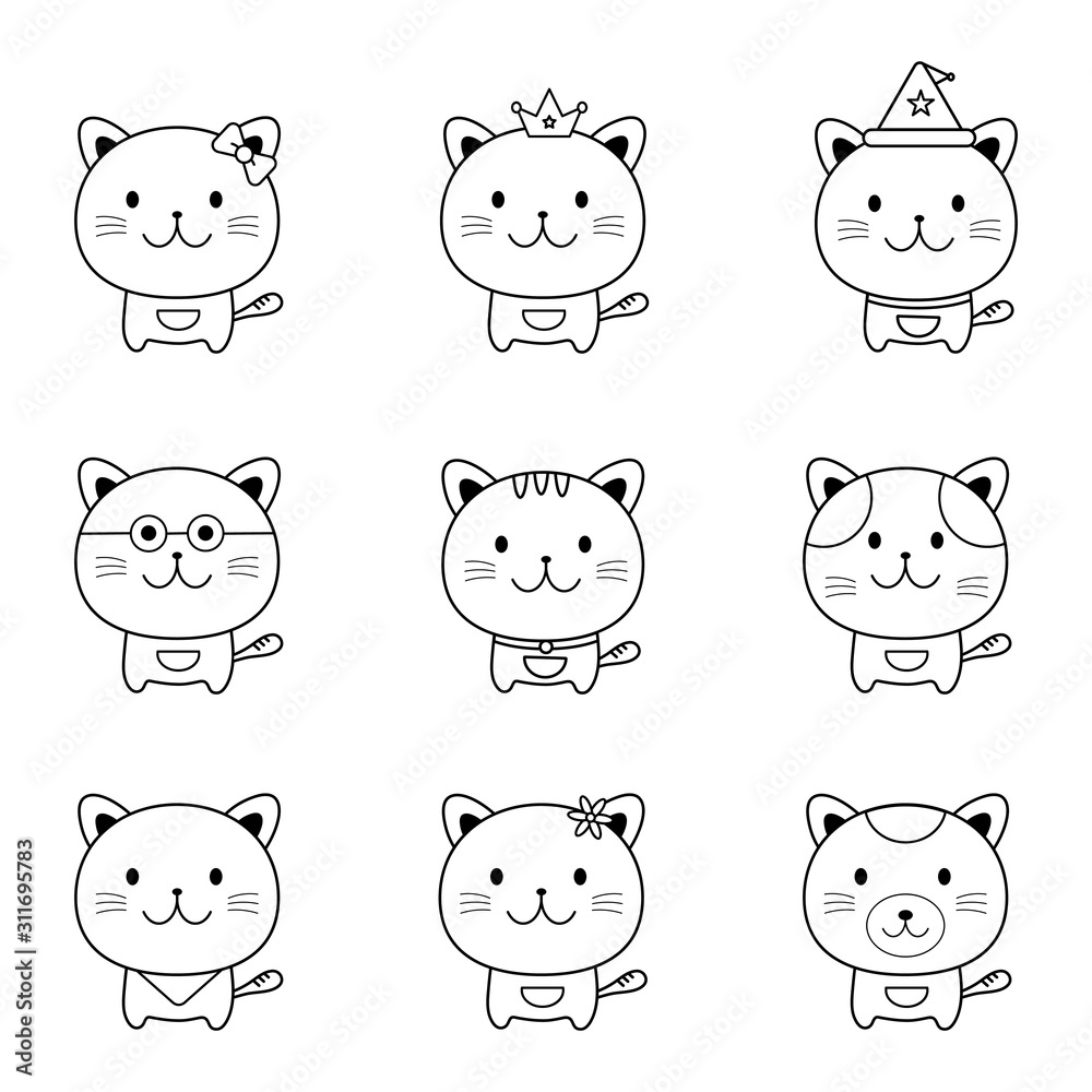 Drawing doodle outline cat collection set in different face character isolated on white background.Cartoon pet for your design.Vector.Illustration.