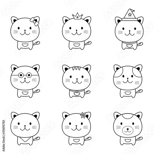 Drawing doodle outline cat collection set in different face character isolated on white background.Cartoon pet for your design.Vector.Illustration.