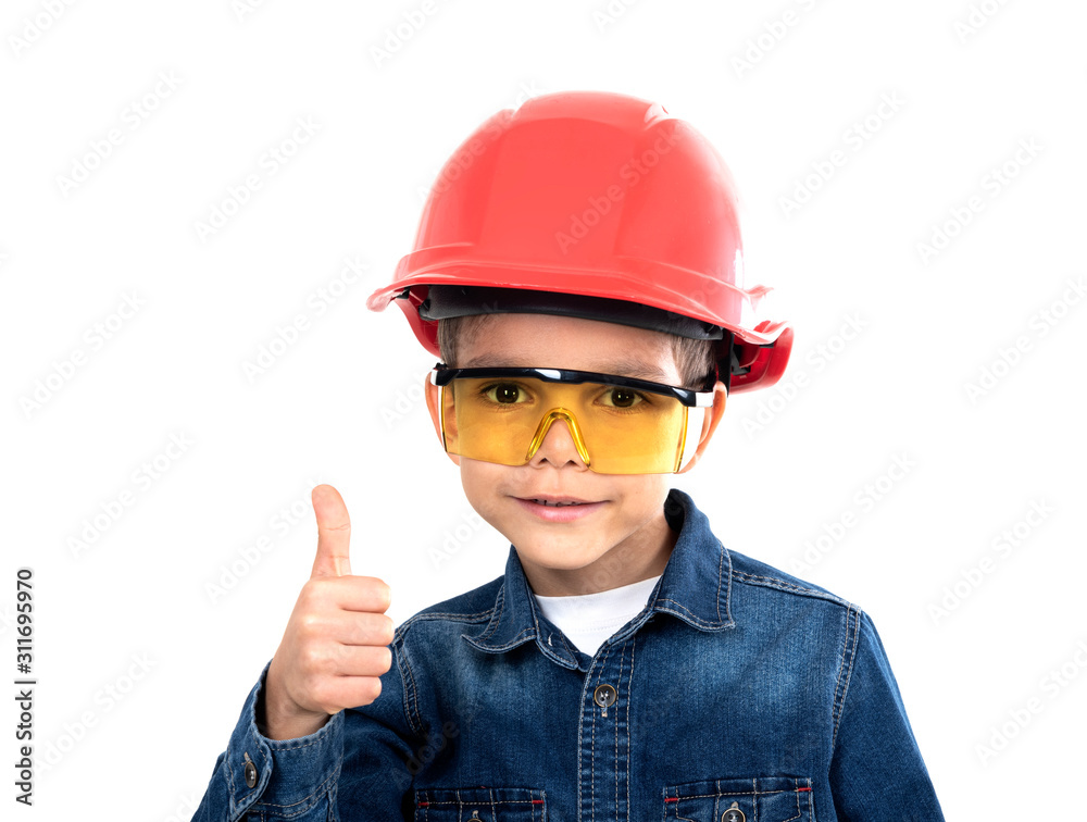 Boy Construction Worker Doing Everything OK Sign Boy Construction Worker Doing Everything OK Sign