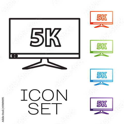 Black line Computer PC monitor display with 5k video technology icon isolated on white background. Set icons colorful. Vector Illustration