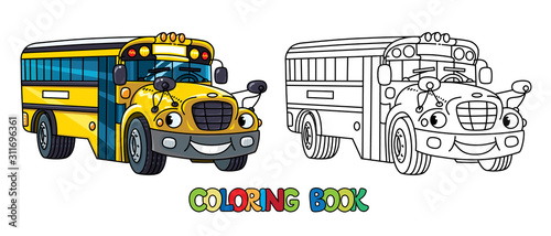 Funny small school bus with eyes. Coloring book