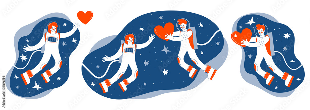 Obraz premium Set of illustrations on the theme of space. Astronauts fly in outer space among the stars. A man gives his heart to a woman. ard or banner for Valentine s day. Cosmic love. Colors are red and blue.
