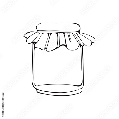 Glass jar hand-drawn art line. Black and white illustration of food storage utensils. Monochrome pattern in vector. Glassware for canning home products