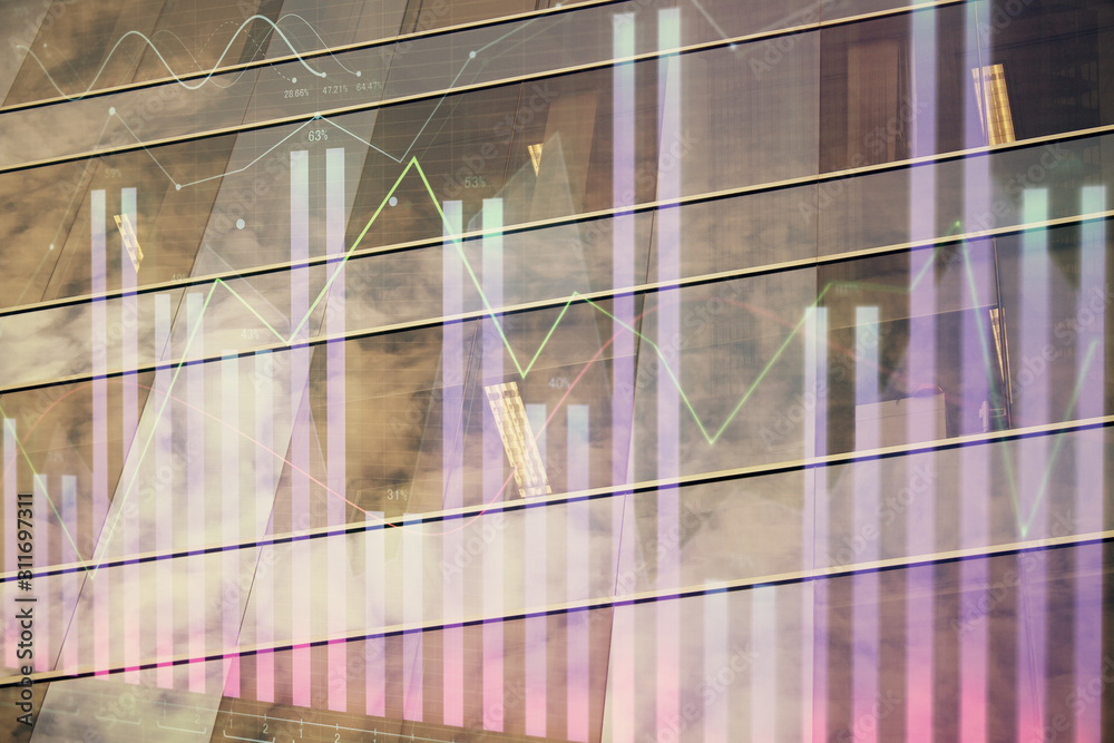 Obraz premium Forex chart on cityscape with tall buildings background multi exposure. Financial research concept.