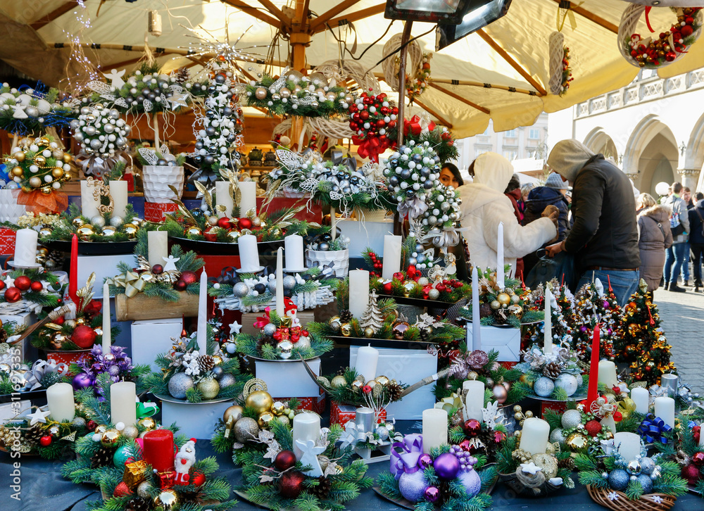 KRAKOW, POLAND - DECEMBER 05, 2019: Annual christmas fair at the Main Market Square