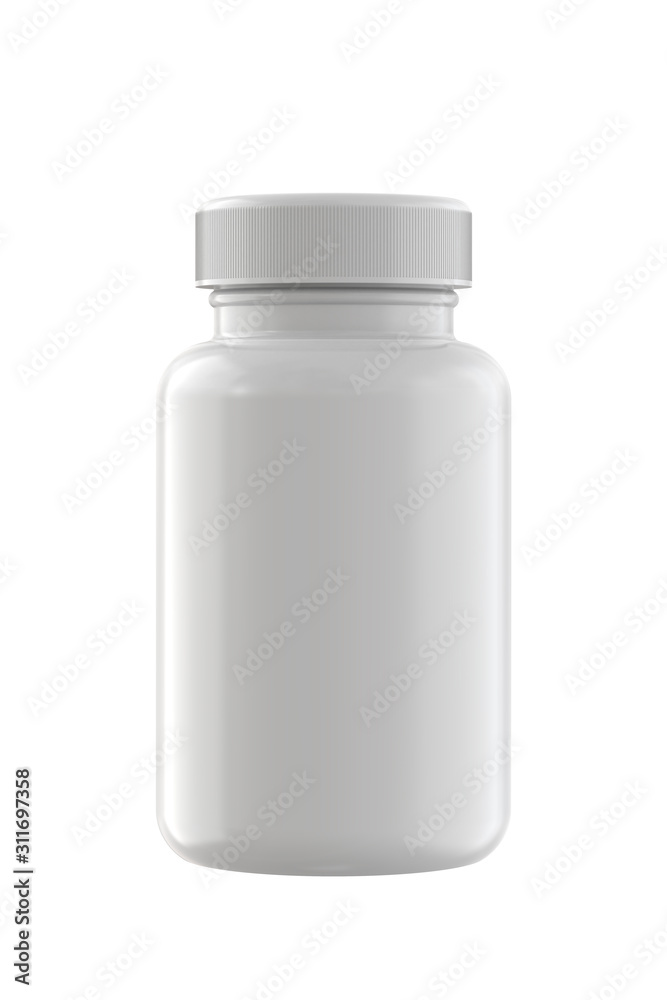 White Plastic Bottle for Pills Packing. 3D Render Isolated on White Background. White Plastic Bottle for Pills Packing. 3D Render Isolated on White Background.