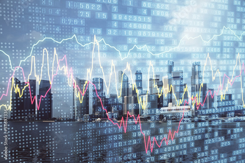 Canvas Print Forex chart on cityscape with tall buildings background multi exposure