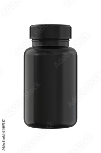 Black Plastic Bottle for Pills Packing. 3D Render Isolated on White Background.