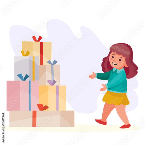 a little girl sees in front of him many gifts in boxes with bananas and enjoys such a surprise, vector illustration