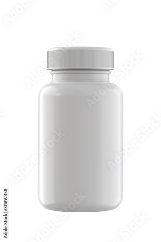 White Plastic Bottle for Pills Packing. 3D Render Isolated on White Background.