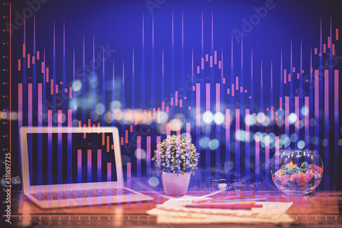 Forex graph hologram on table with computer background. Double exposure. Concept of financial markets.