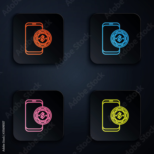 Color neon line Online poker table game icon isolated on black background. Online casino. Set icons in colorful square buttons. Vector Illustration