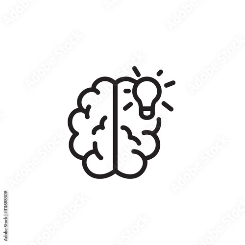 Brain with lightbulb thin line icon. Creative idea, innovation, solution isolated outline sign. Startup and business concept. Vector illustration symbol element for web design and apps