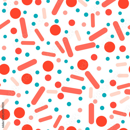 Circles and ovals - seamless pattern. Small and large isolated circles and ovals of red tones are randomly scattered on a white background. It looks like a pill or bacteria.