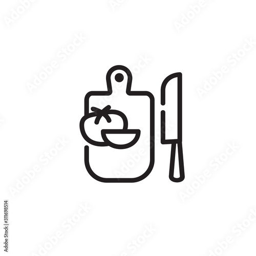 Chopping board with vegetable and knife thin line icon. Cutting, food preparation, ingredient isolated outline sign. Cooking concept. Vector illustration symbol element for web design and apps