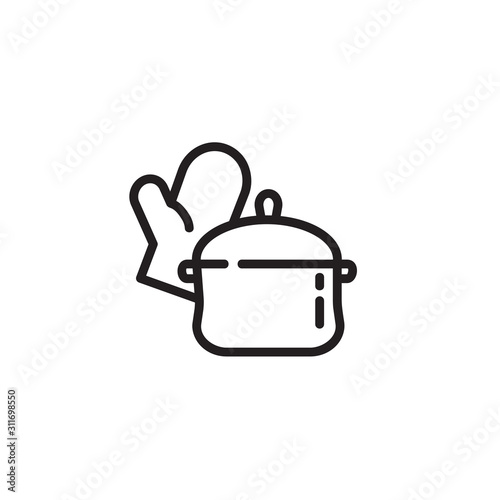 Cooking pot with oven glove thin line icon. Saucepan, boiling, food preparation isolated outline sign. Cooking concept. Vector illustration symbol element for web design and apps